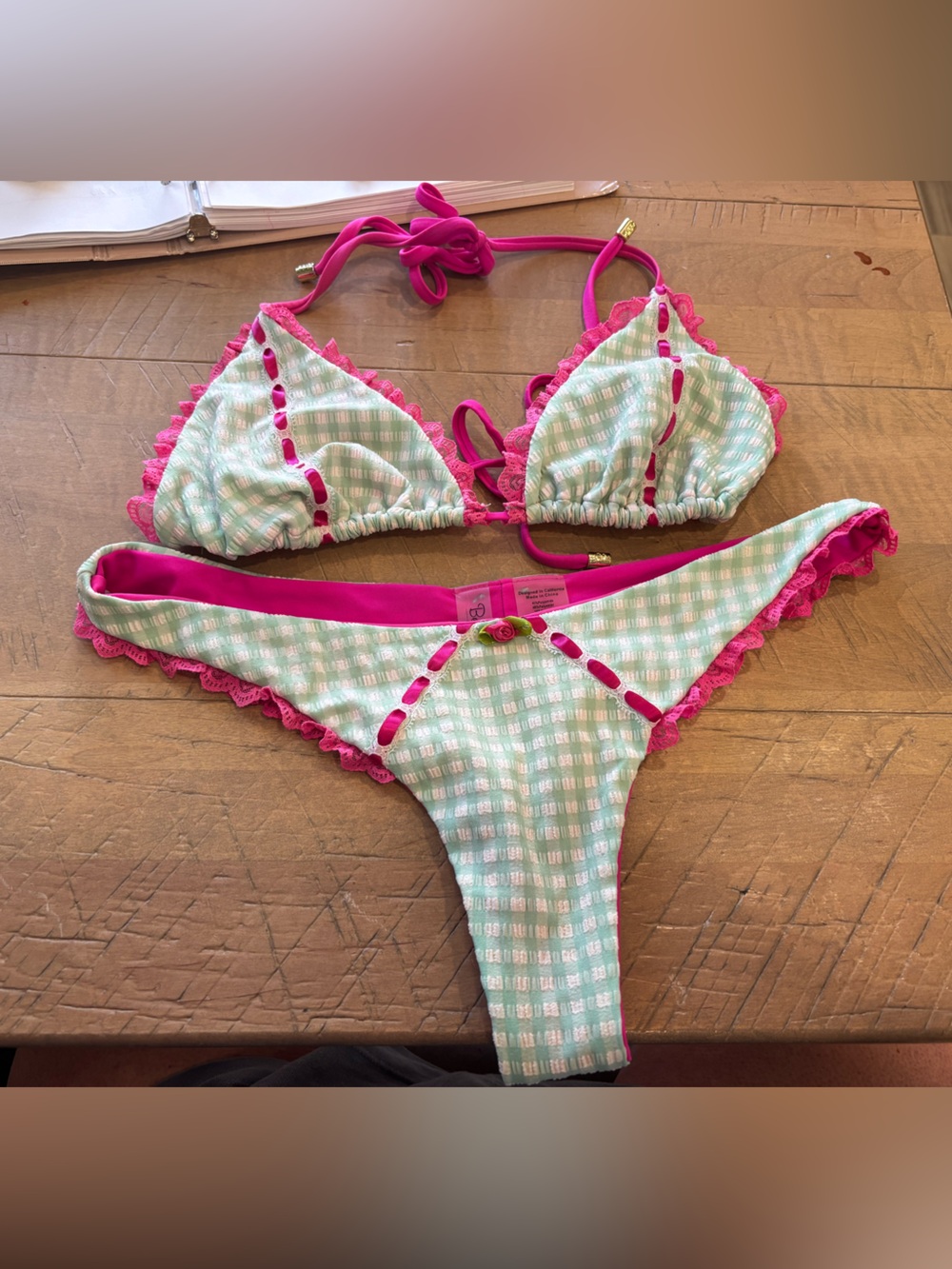 Beach Bunny Swimwear Bikini Gingham Blue Size XL Top M Bottom Beach Vacation